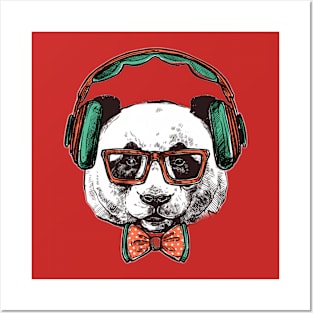 Hipster PANDA portrait wearing headphones Posters and Art